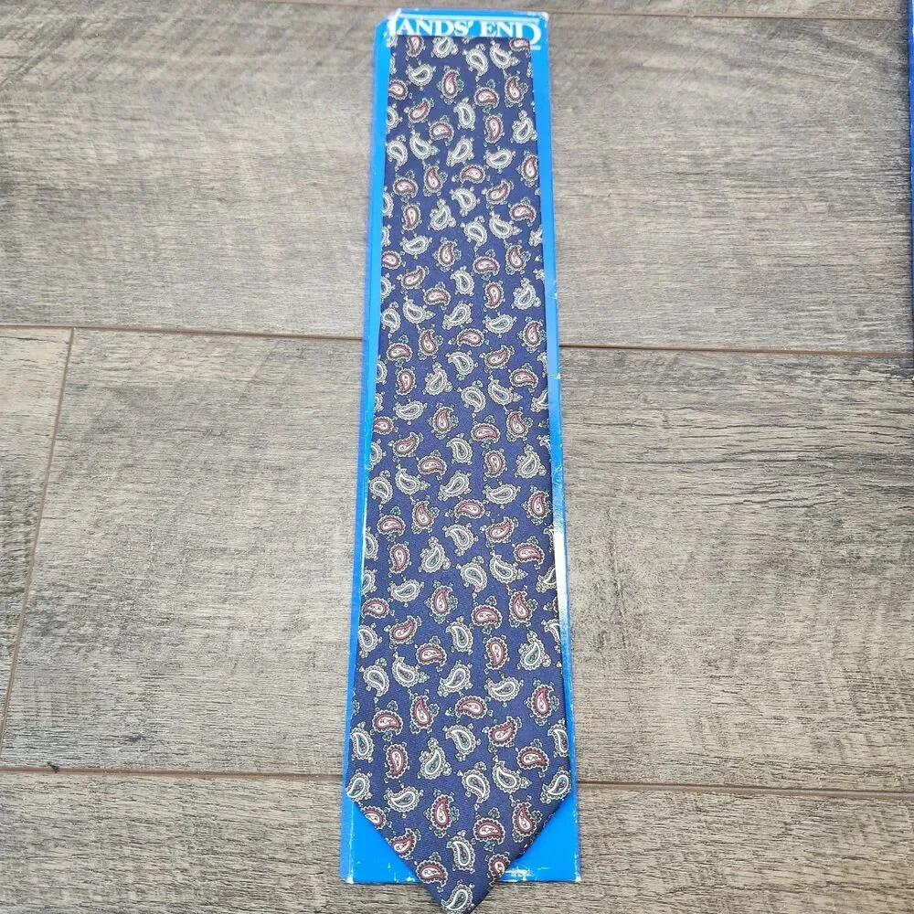 Vintage NEW Lands' End Direct Merchants Silk Tie Hand Sewn USA Blue Long Boxed